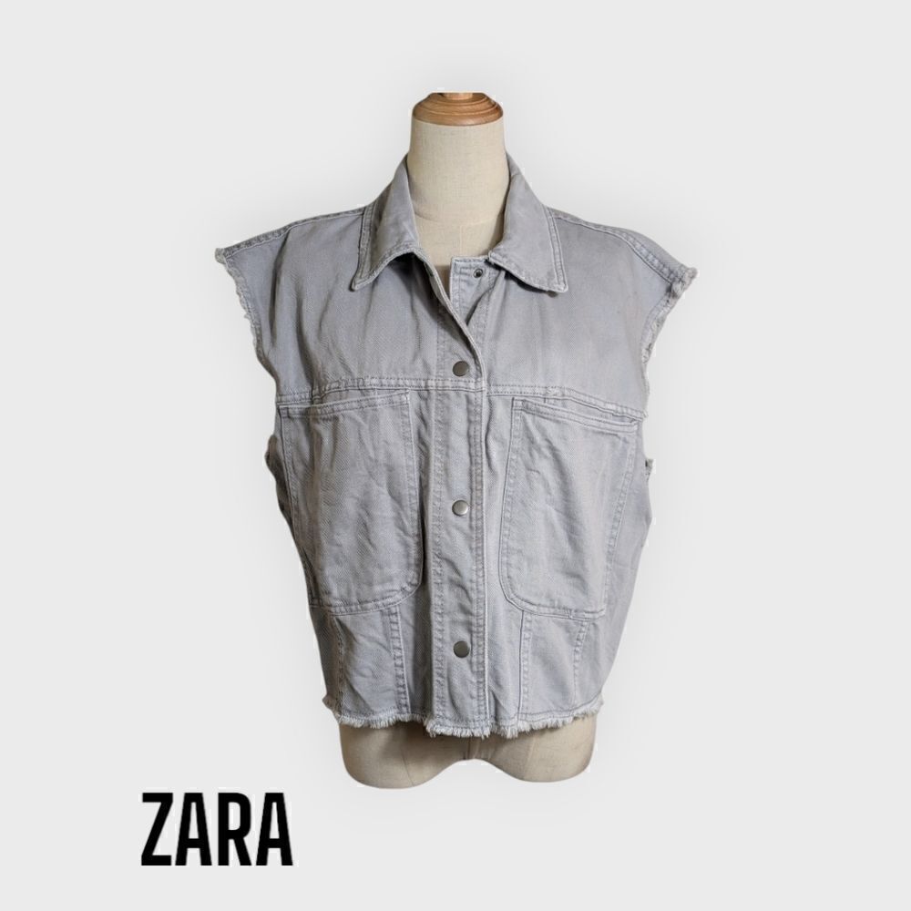Zara Gray Distressed Denim Oversized Vest